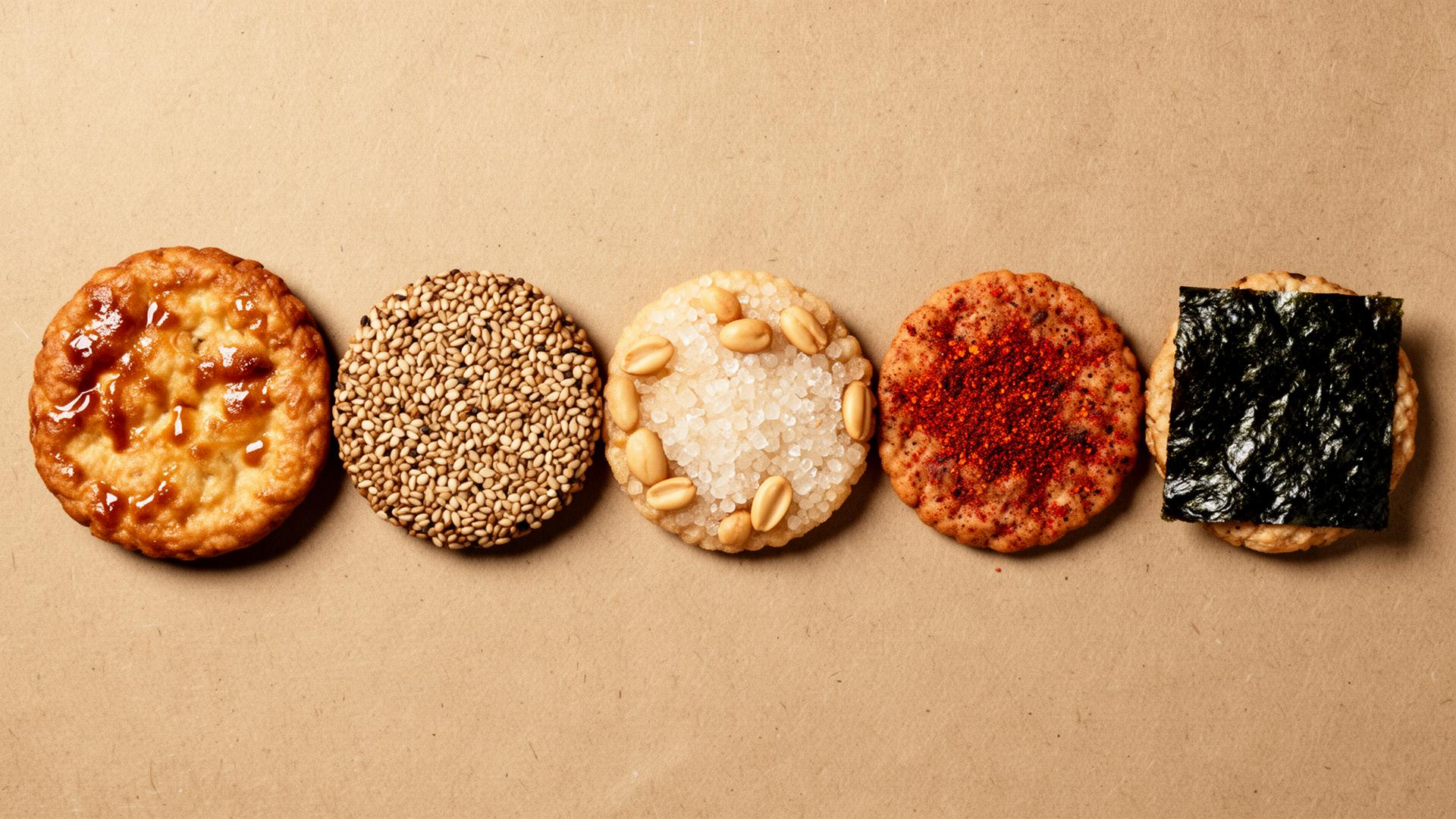 Flat-scan specimen plate of six hand-grilled senbei on kraft paper